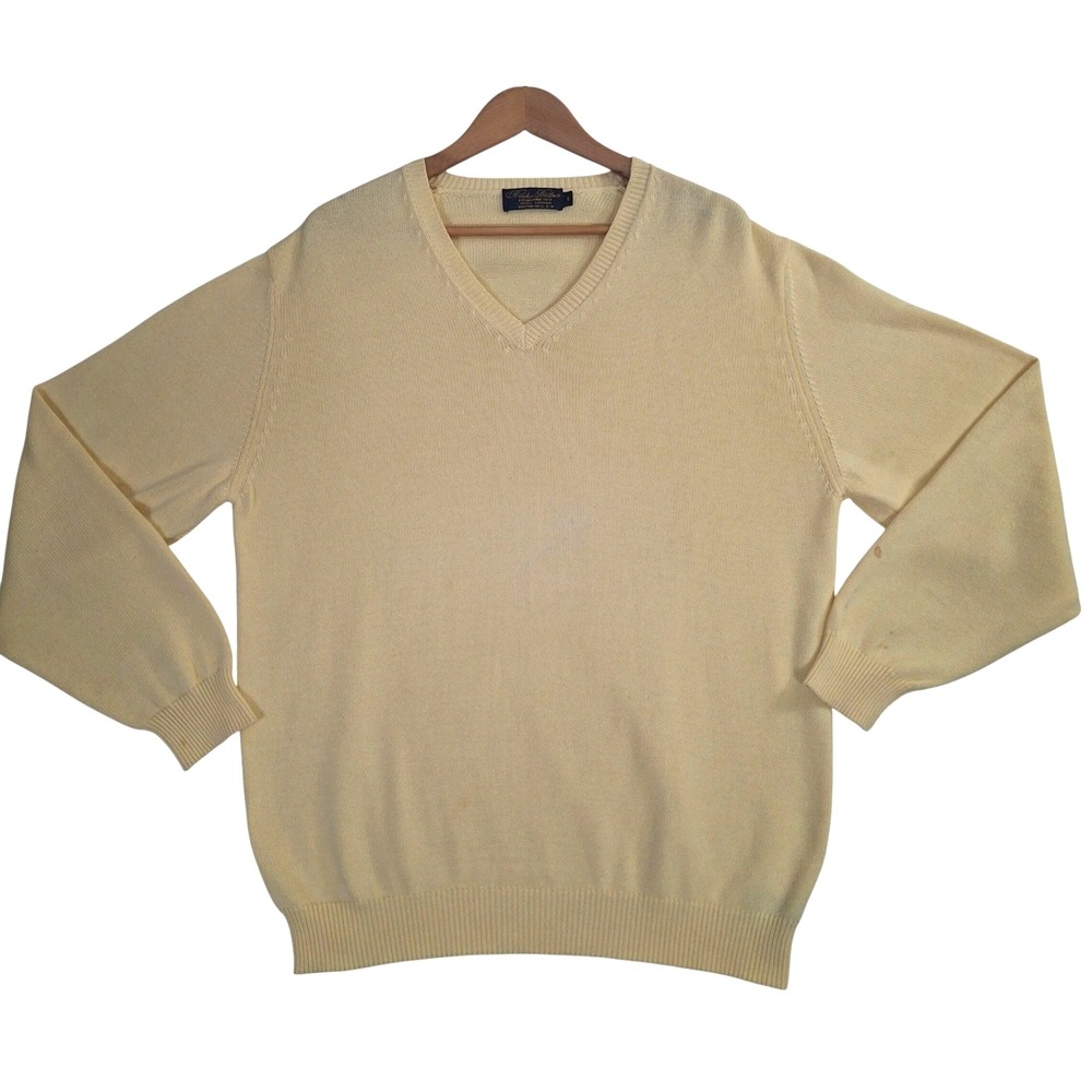 Vintage Brooks Brothers Mens V-Neck Sweater Large Yellow Cotton L Knitted in USA